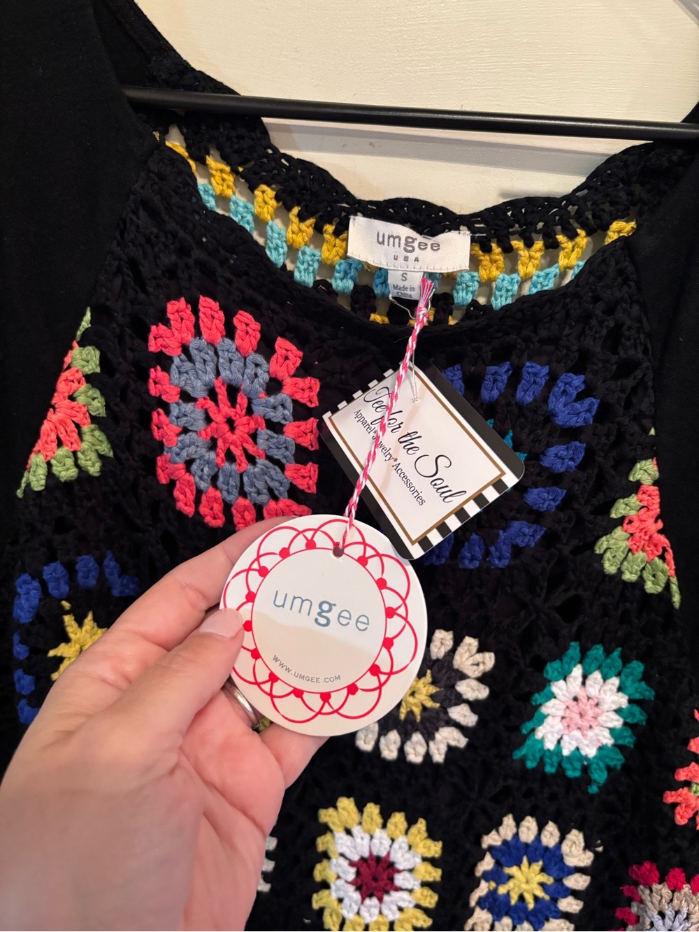 Anthropologie Umgee Black Crochet Square Patch Short Sleeve Top - Picture 3 of 5